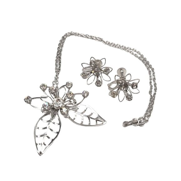 Vtg Signed B N Rhinestone Flower Leaf Necklace Earrings Set Demiparure Brooch Pe - Picture 10 of 16